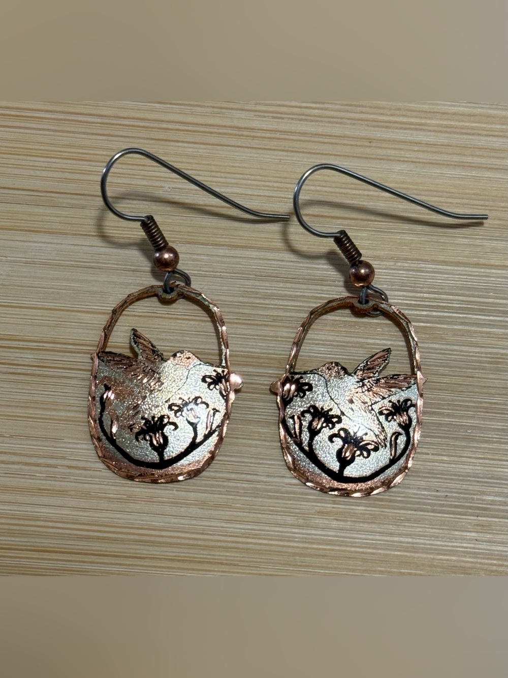 Handcrafted Copper Hummingbird Floral Drop Earrings